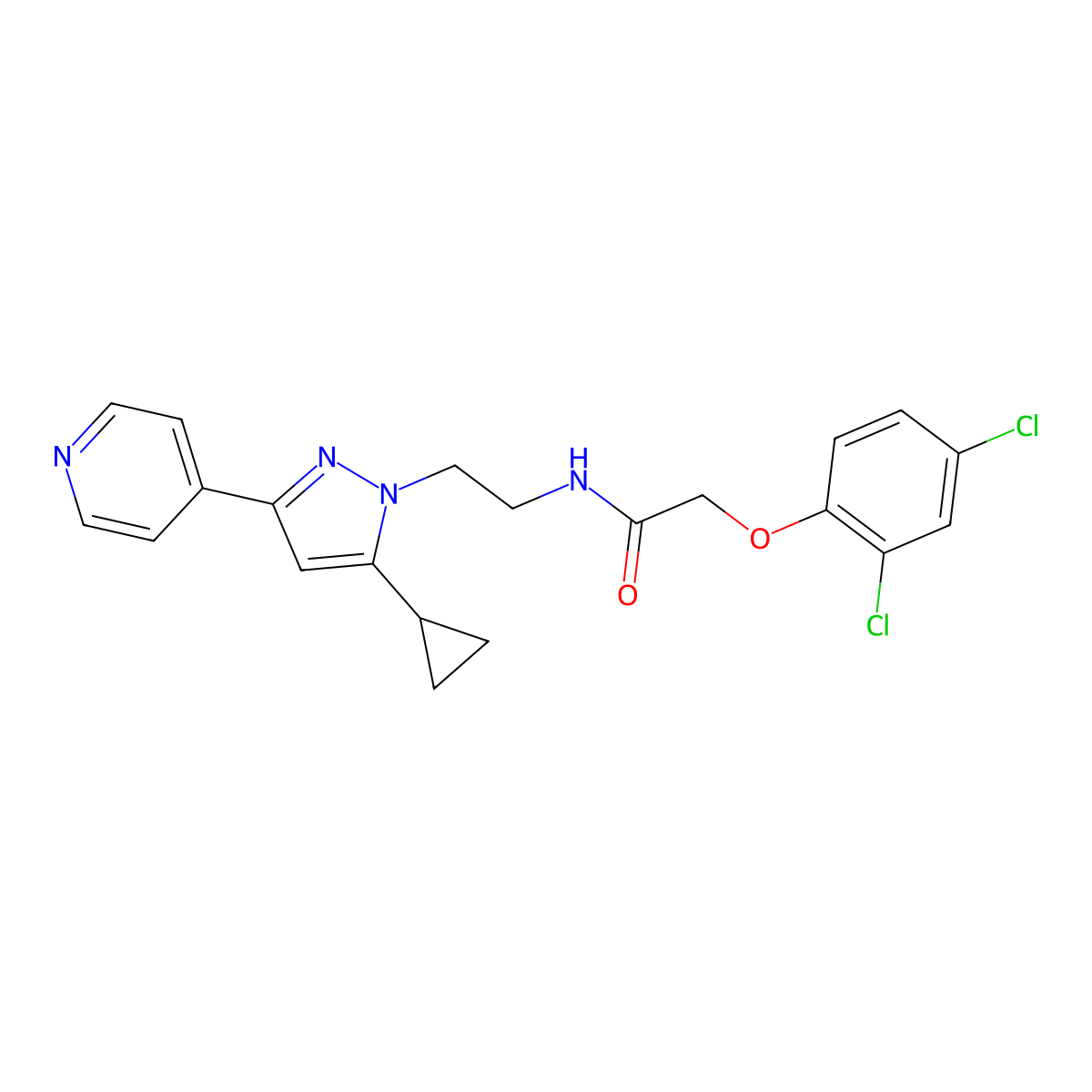 N-(2-(5-cyclopropyl-3-(pyridin-4-yl)-1H-pyrazol-1-yl)ethyl)-2-(2,4-dichlorophenoxy)acetamide molecular structure, CAS 1797084-34-4