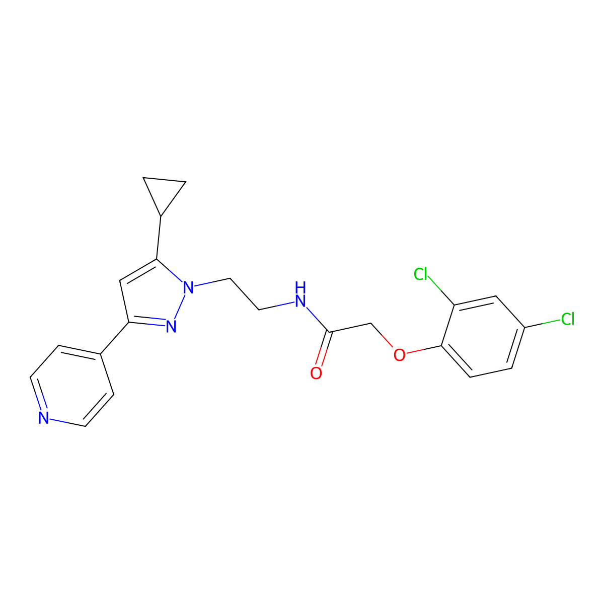 N-(2-(5-cyclopropyl-3-(pyridin-4-yl)-1H-pyrazol-1-yl)ethyl)-2-(2,4-dichlorophenoxy)acetamide molecular structure, CAS 1797084-34-4