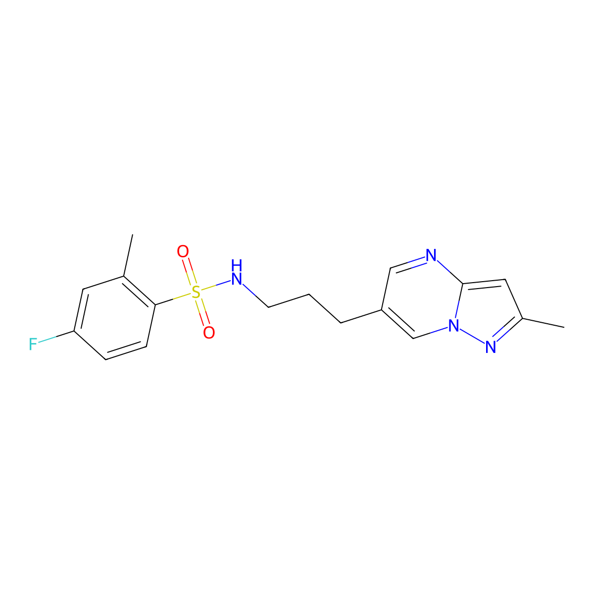 4-fluoro-2-methyl-N-(3-(2-methylpyrazolo[1,5-a]pyrimidin-6-yl)propyl)benzenesulfonamide molecular structure, CAS 1797085-02-9