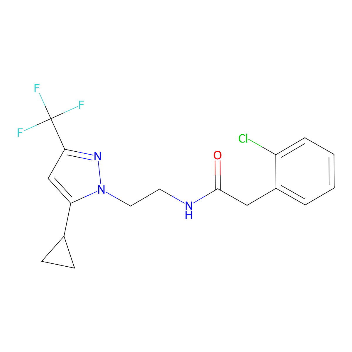 2-(2-chlorophenyl)-N-{2-[5-cyclopropyl-3-(trifluoromethyl)-1H-pyrazol-1-yl]ethyl}acetamide molecular structure, CAS 1797085-41-6