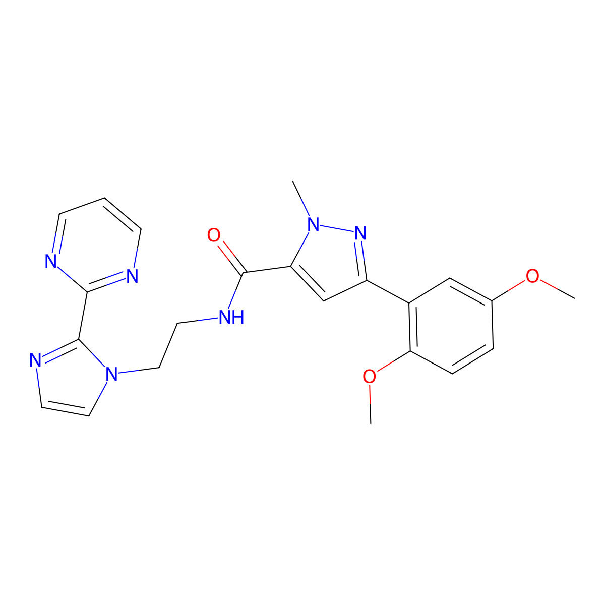 3-(2,5-dimethoxyphenyl)-1-methyl-N-(2-(2-(pyrimidin-2-yl)-1H-imidazol-1-yl)ethyl)-1H-pyrazole-5-carboxamide molecular structure, CAS 1797085-85-8