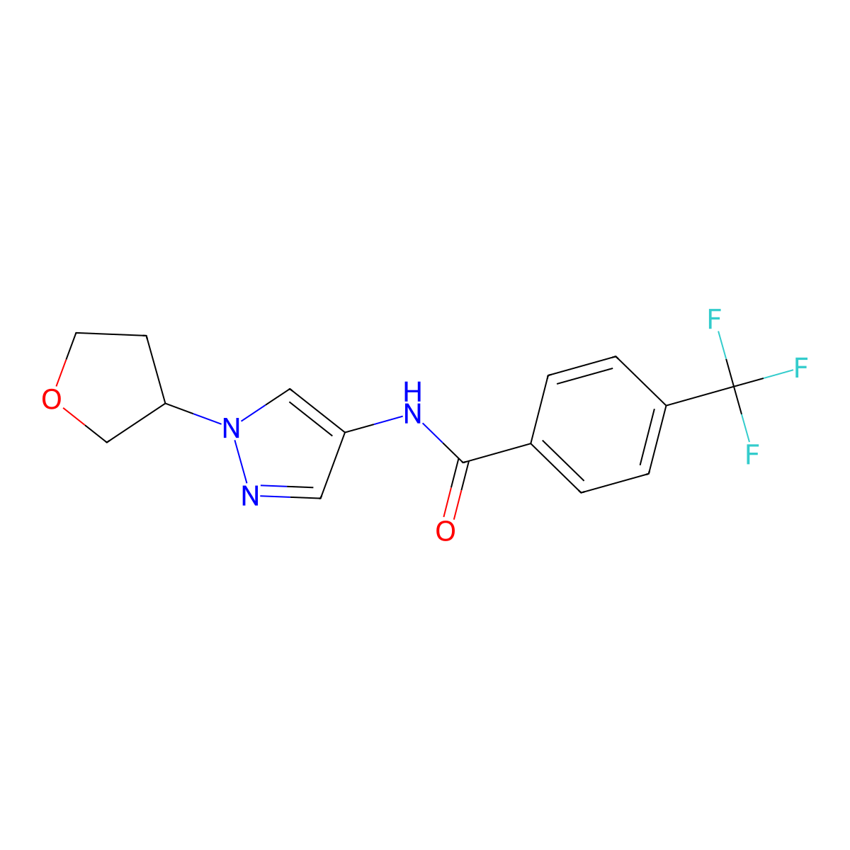N-(1-(tetrahydrofuran-3-yl)-1H-pyrazol-4-yl)-4-(trifluoromethyl)benzamide molecular structure, CAS 1797086-23-7