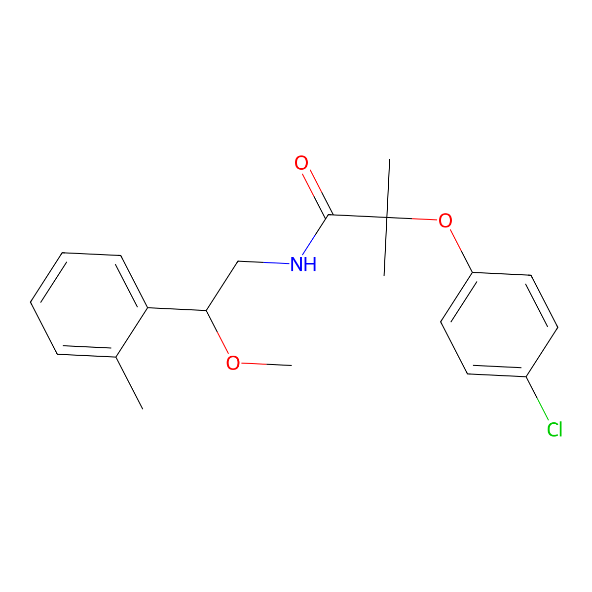 2-(4-chlorophenoxy)-N-(2-methoxy-2-(o-tolyl)ethyl)-2-methylpropanamide molecular structure, CAS 1797087-63-8