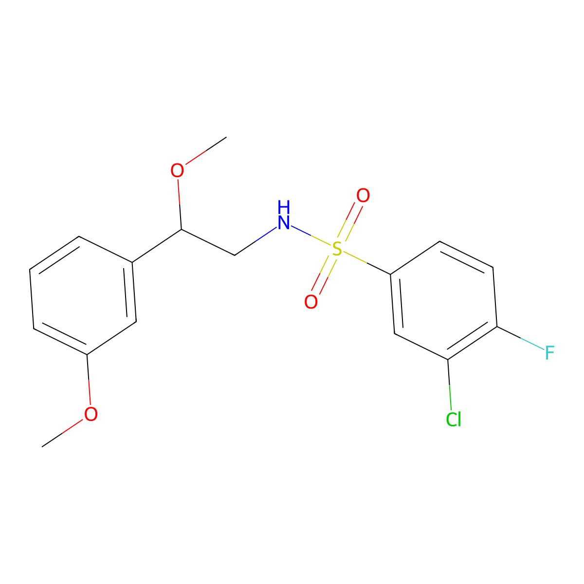 3-chloro-4-fluoro-N-(2-methoxy-2-(3-methoxyphenyl)ethyl)benzenesulfonamide molecular structure, CAS 1797088-37-9