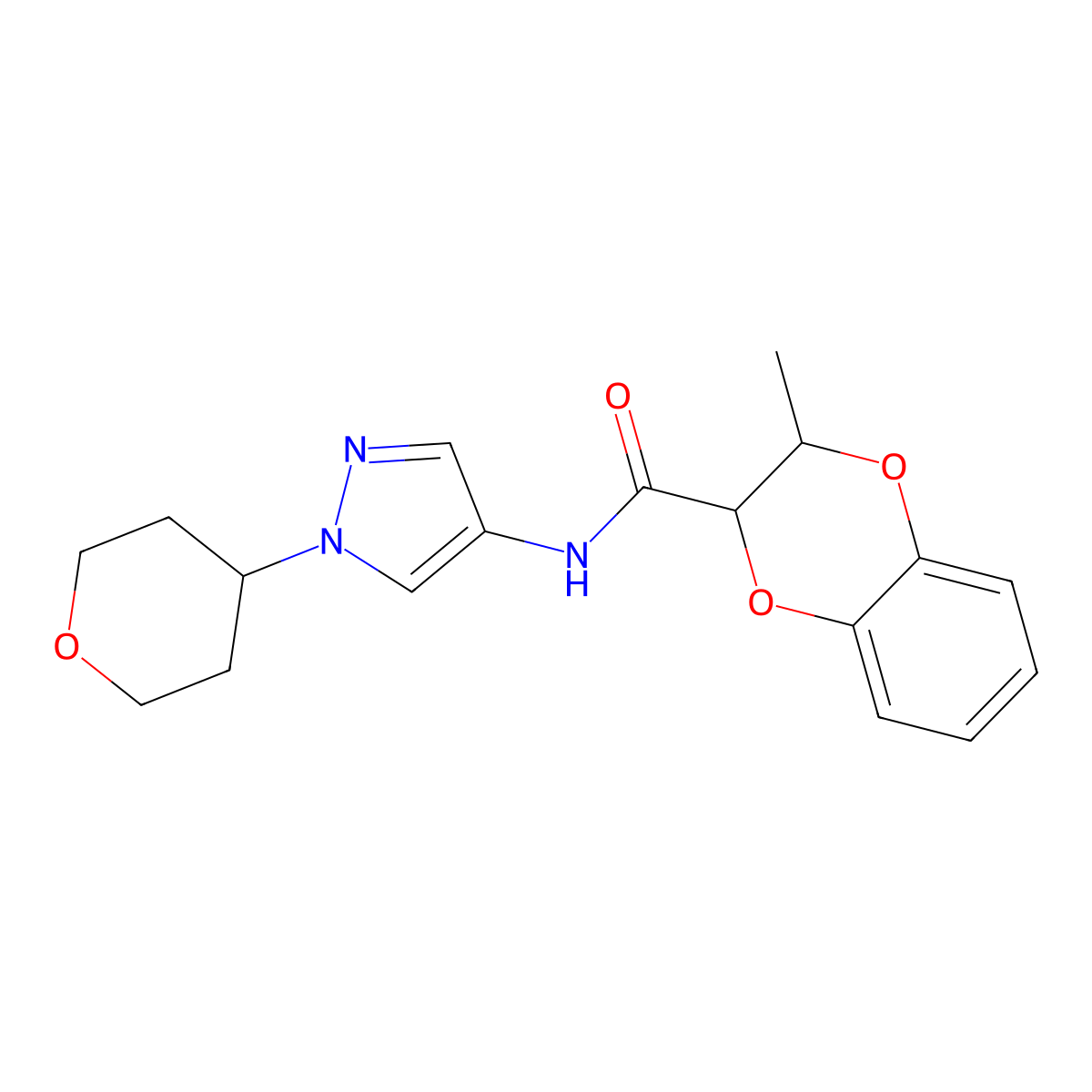 3-methyl-N-(1-(tetrahydro-2H-pyran-4-yl)-1H-pyrazol-4-yl)-2,3-dihydrobenzo[b][1,4]dioxine-2-carboxamide molecular structure, CAS 1797091-03-2