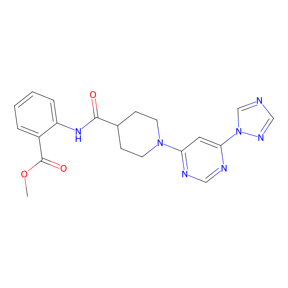 methyl 2-(1-(6-(1H-1,2,4-triazol-1-yl)pyrimidin-4-yl)piperidine-4-carboxamido)benzoate molecular structure, CAS 1797091-09-8