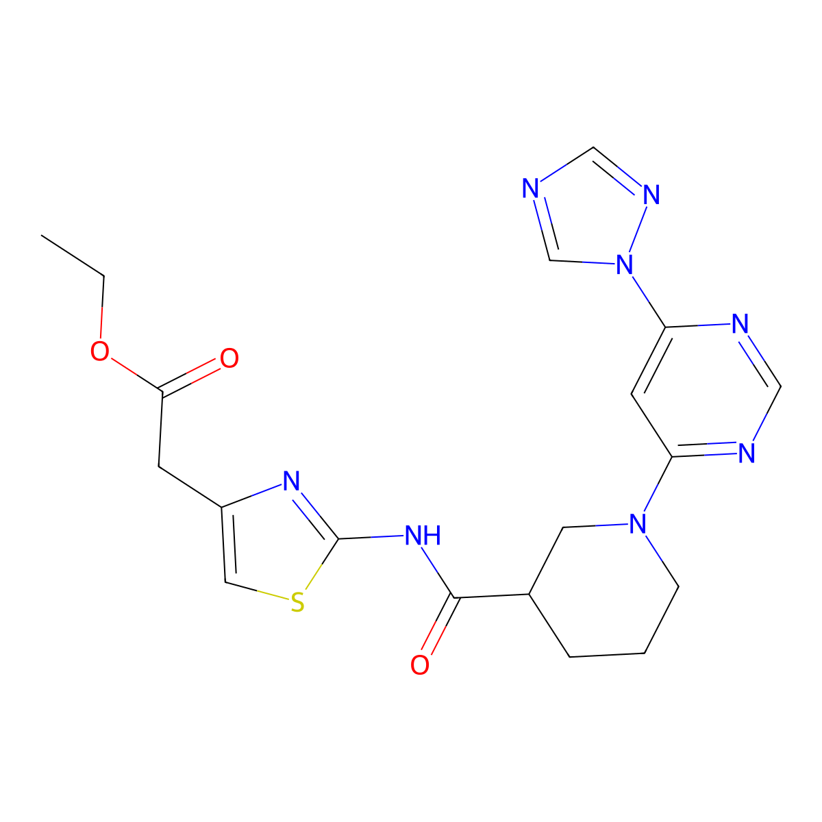 ethyl 2-(2-(1-(6-(1H-1,2,4-triazol-1-yl)pyrimidin-4-yl)piperidine-3-carboxamido)thiazol-4-yl)acetate molecular structure, CAS 1797091-57-6