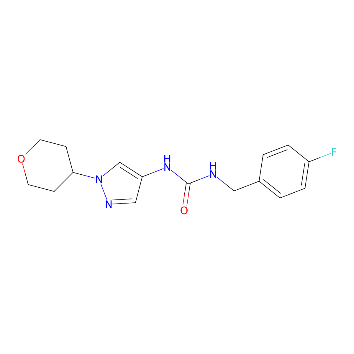 1-(4-fluorobenzyl)-3-(1-(tetrahydro-2H-pyran-4-yl)-1H-pyrazol-4-yl)urea molecular structure, CAS 1797091-70-3