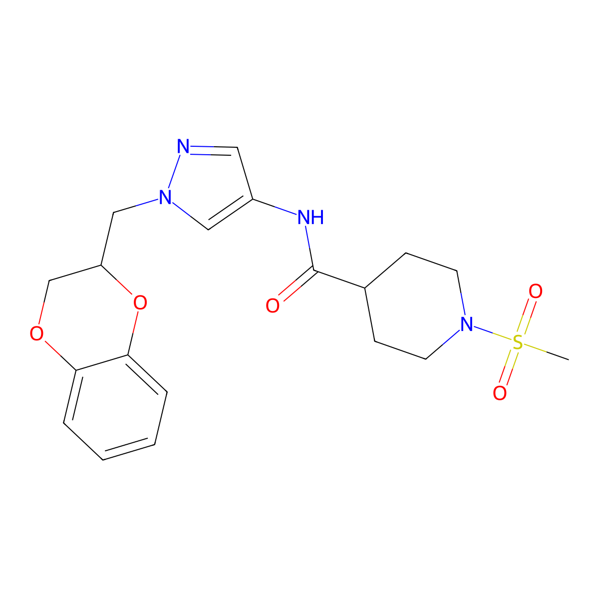 N-(1-((2,3-dihydrobenzo[b][1,4]dioxin-2-yl)methyl)-1H-pyrazol-4-yl)-1-(methylsulfonyl)piperidine-4-carboxamide molecular structure, CAS 1797091-91-8