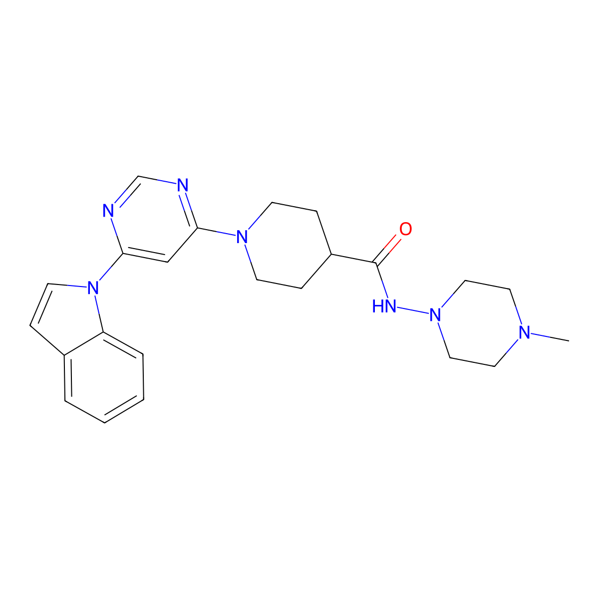 1-[6-(1H-indol-1-yl)pyrimidin-4-yl]-N-(4-methylpiperazin-1-yl)piperidine-4-carboxamide molecular structure, CAS 1797092-10-4