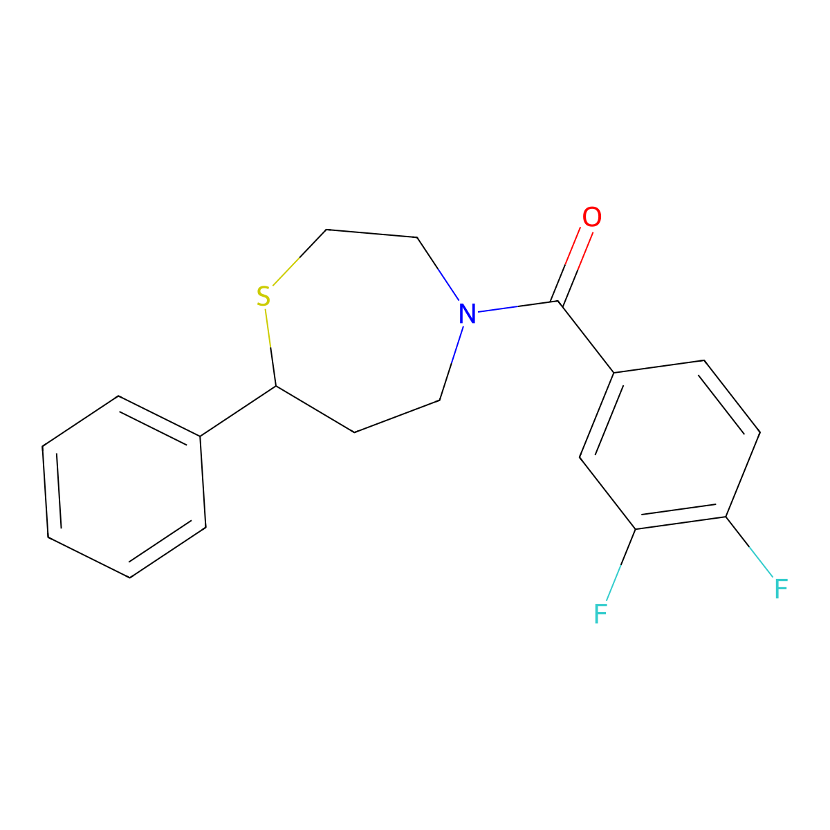 (3,4-Difluorophenyl)(7-phenyl-1,4-thiazepan-4-yl)methanone molecular structure, CAS 1797092-30-8