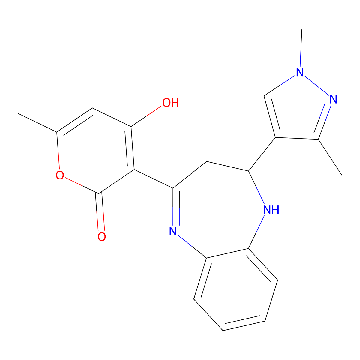3-(2-(1,3-dimethyl-1H-pyrazol-4-yl)-2,3-dihydro-1H-benzo[b][1,4]diazepin-4-yl)-4-hydroxy-6-methyl-2H-pyran-2-one molecular structure, CAS 1797124-15-2