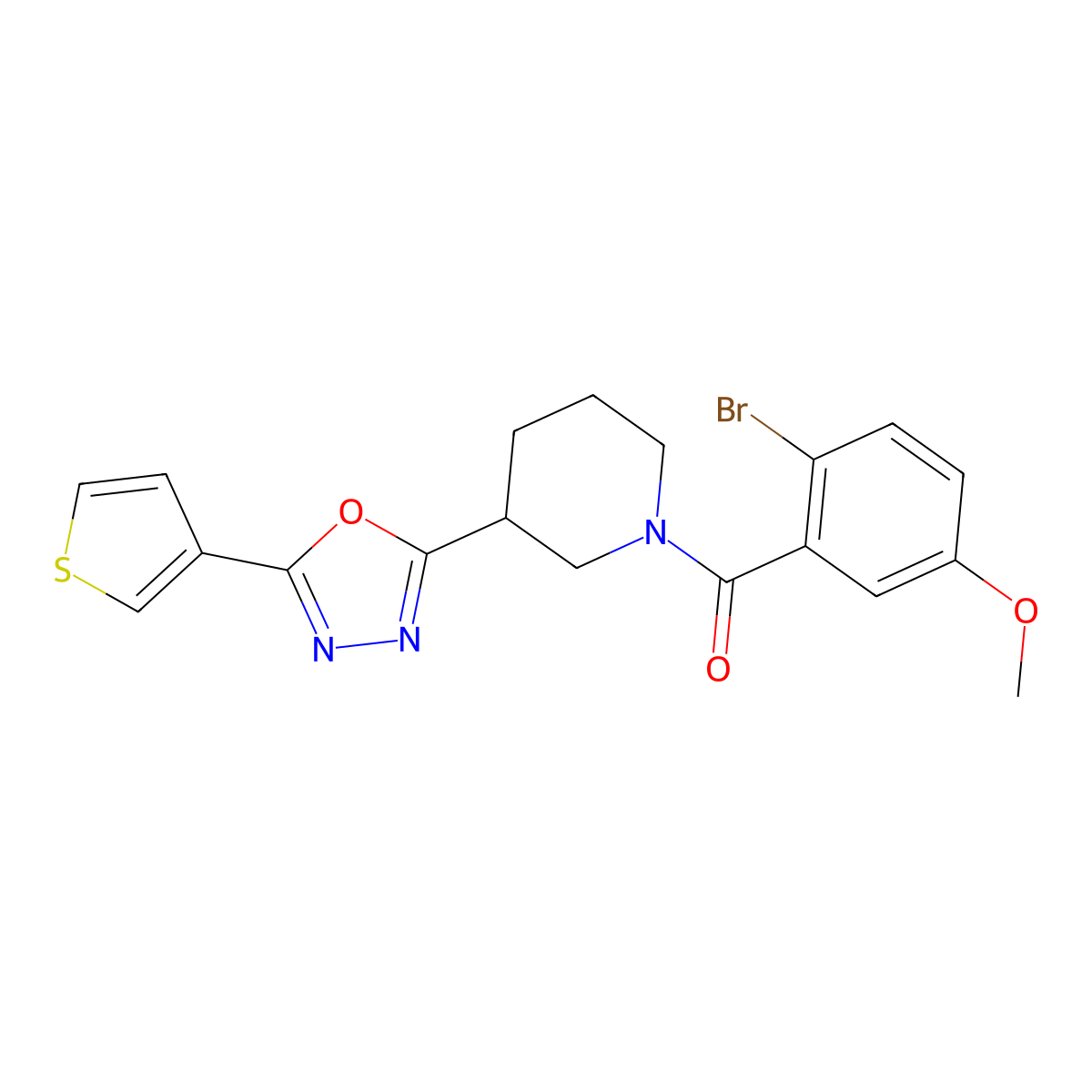 (2-Bromo-5-methoxyphenyl)(3-(5-(thiophen-3-yl)-1,3,4-oxadiazol-2-yl)piperidin-1-yl)methanone molecular structure, CAS 1797125-29-1