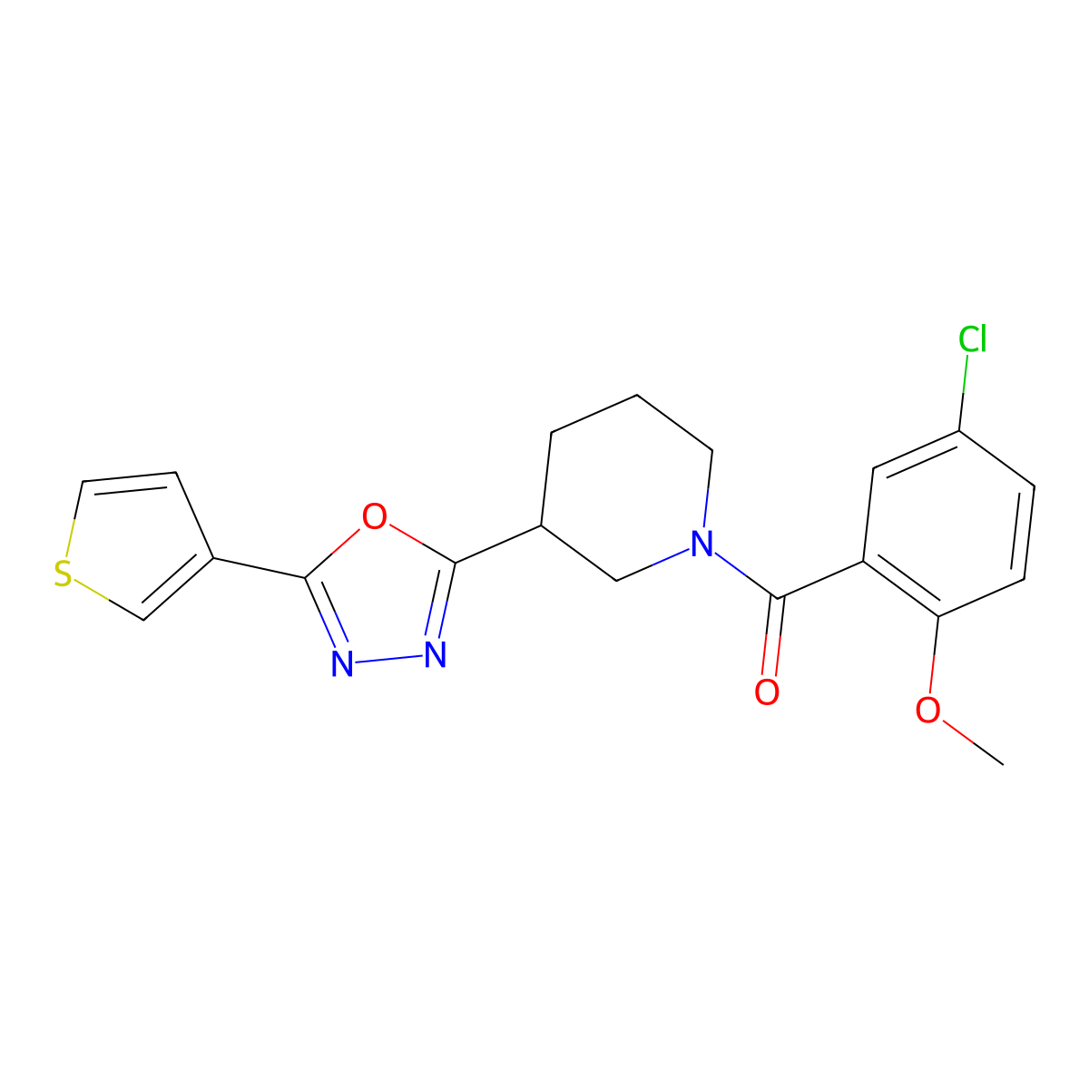 (5-Chloro-2-methoxyphenyl)(3-(5-(thiophen-3-yl)-1,3,4-oxadiazol-2-yl)piperidin-1-yl)methanone molecular structure, CAS 1797125-34-8