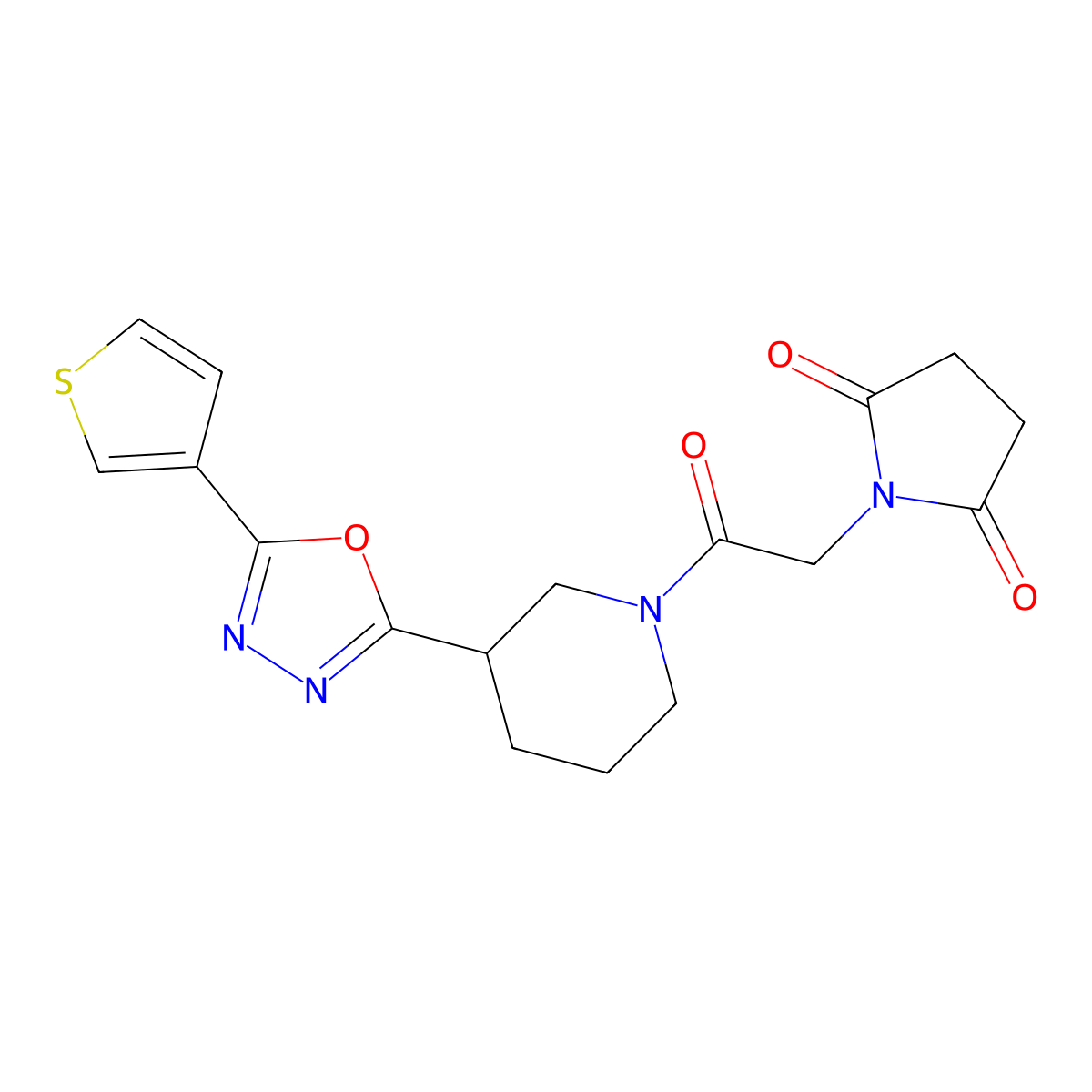 1-(2-Oxo-2-{3-[5-(thiophen-3-yl)-1,3,4-oxadiazol-2-yl]piperidin-1-yl}ethyl)pyrrolidine-2,5-dione molecular structure, CAS 1797125-38-2