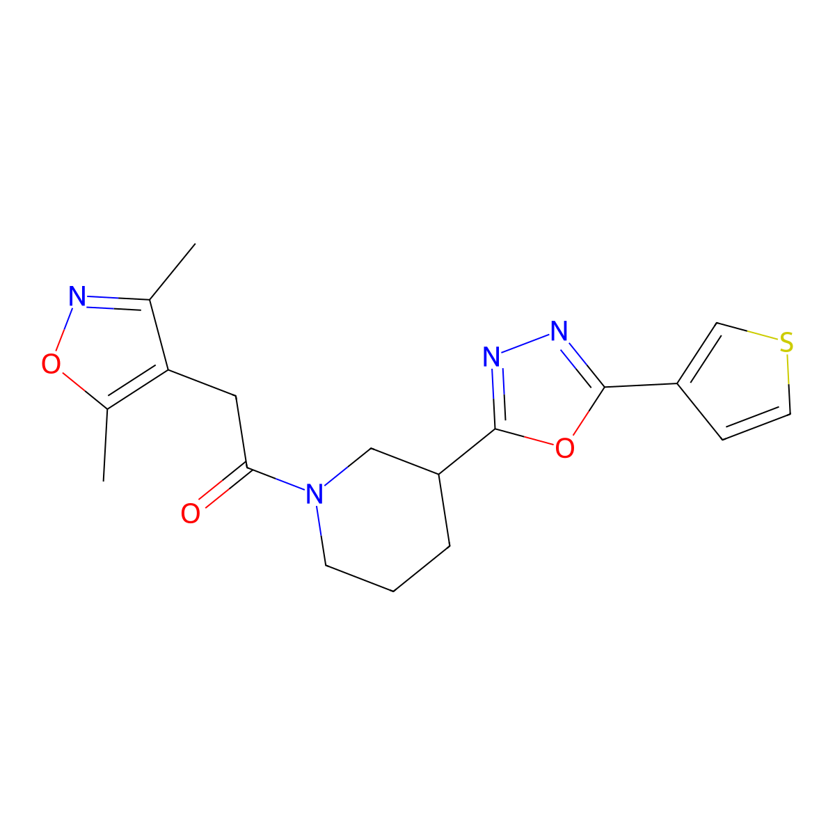 2-(3,5-Dimethylisoxazol-4-yl)-1-(3-(5-(thiophen-3-yl)-1,3,4-oxadiazol-2-yl)piperidin-1-yl)ethanone molecular structure, CAS 1797125-41-7