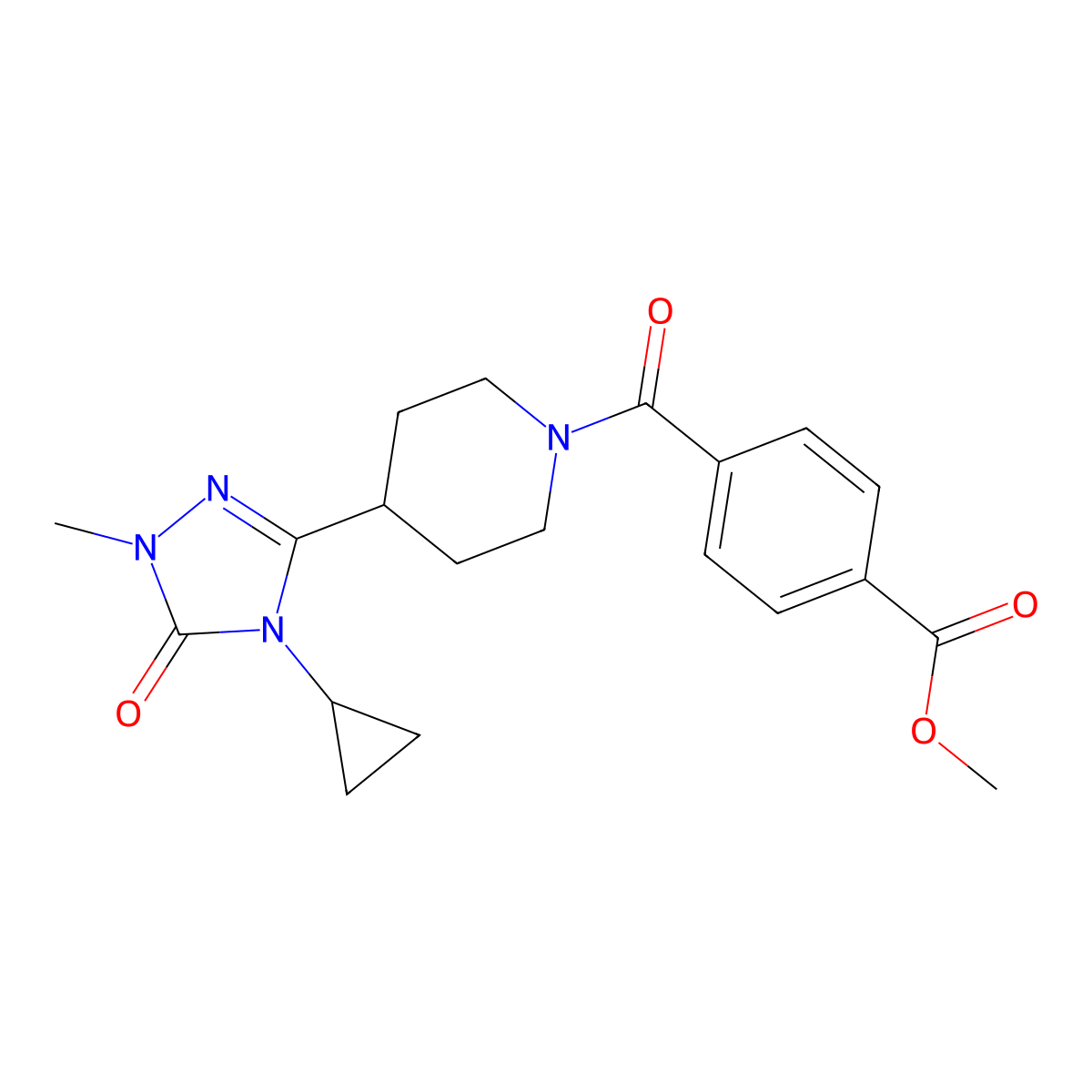 methyl 4-[4-(4-cyclopropyl-1-methyl-5-oxo-4,5-dihydro-1H-1,2,4-triazol-3-yl)piperidine-1-carbonyl]benzoate molecular structure, CAS 1797125-68-8