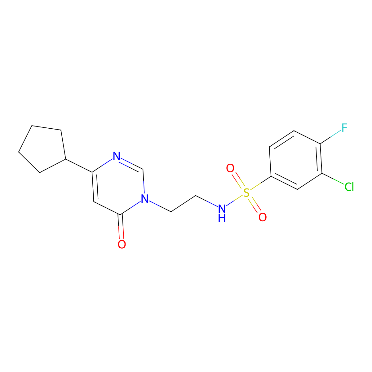 3-chloro-N-(2-(4-cyclopentyl-6-oxopyrimidin-1(6H)-yl)ethyl)-4-fluorobenzenesulfonamide molecular structure, CAS 1797126-82-9