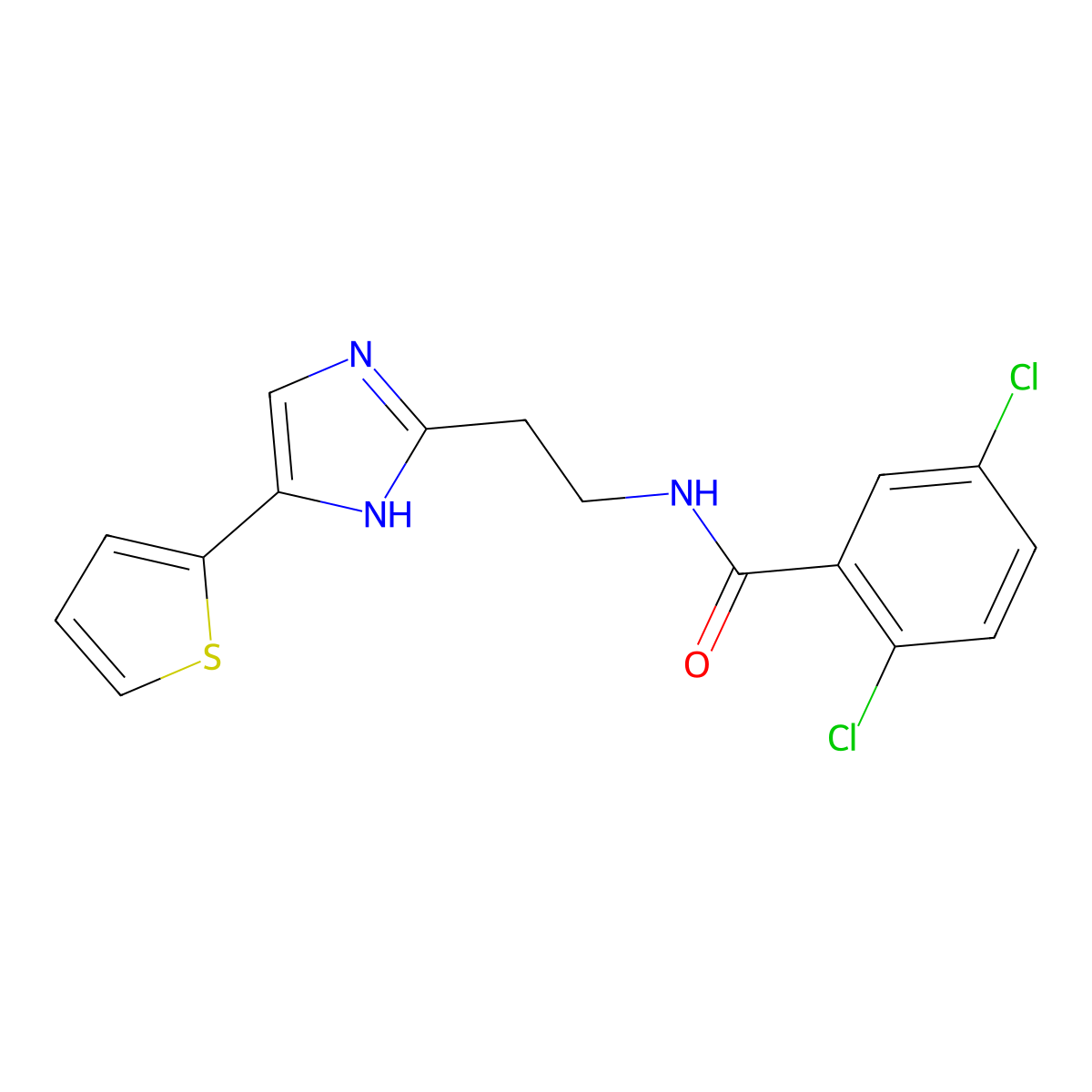 2,5-dichloro-N-(2-(4-(thiophen-2-yl)-1H-imidazol-2-yl)ethyl)benzamide molecular structure, CAS 1797127-41-3