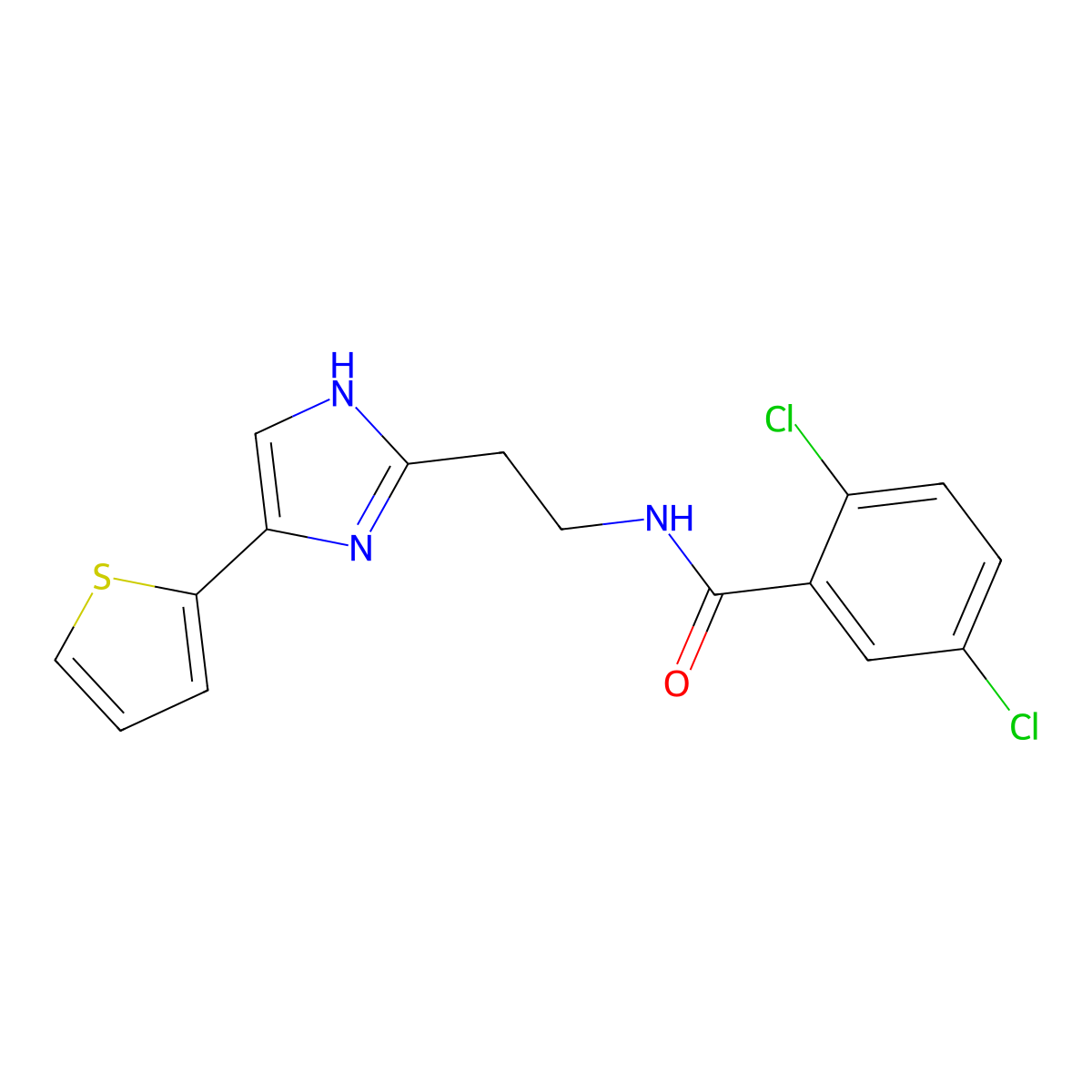 2,5-dichloro-N-(2-(4-(thiophen-2-yl)-1H-imidazol-2-yl)ethyl)benzamide molecular structure, CAS 1797127-41-3