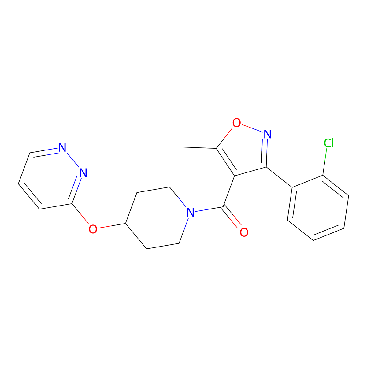 (3-(2-Chlorophenyl)-5-methylisoxazol-4-yl)(4-(pyridazin-3-yloxy)piperidin-1-yl)methanone molecular structure, CAS 1797128-04-1