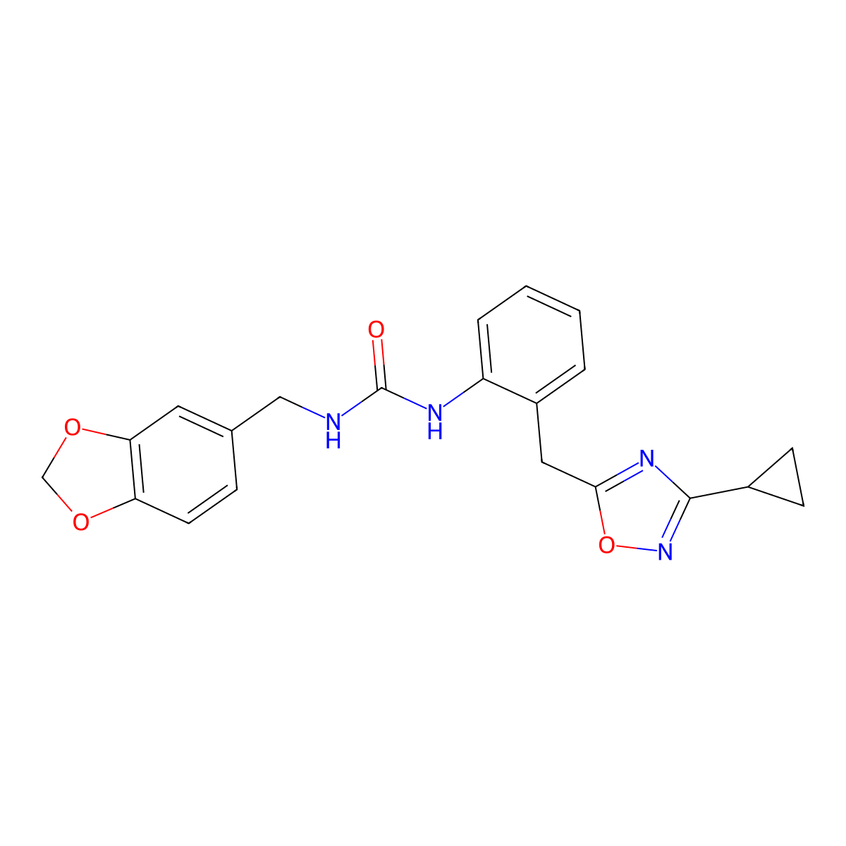 1-(Benzo[d][1,3]dioxol-5-ylmethyl)-3-(2-((3-cyclopropyl-1,2,4-oxadiazol-5-yl)methyl)phenyl)urea molecular structure, CAS 1797138-90-9