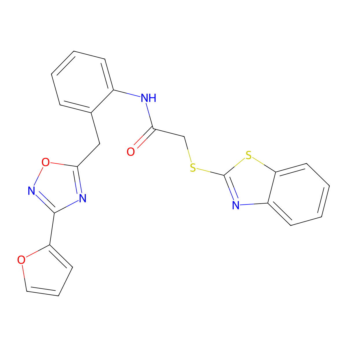 2-(benzo[d]thiazol-2-ylthio)-N-(2-((3-(furan-2-yl)-1,2,4-oxadiazol-5-yl)methyl)phenyl)acetamide molecular structure, CAS 1797139-35-5