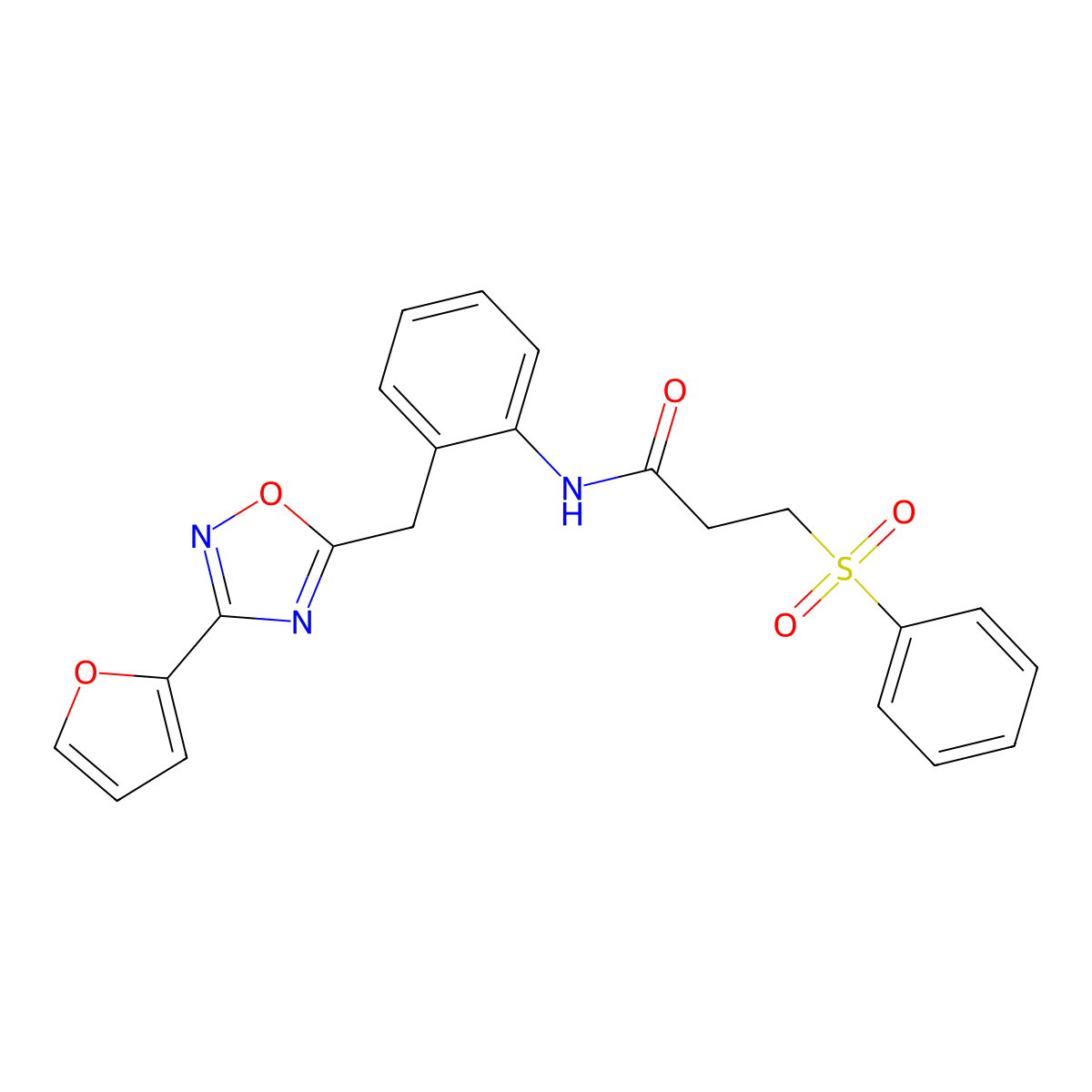 N-(2-((3-(furan-2-yl)-1,2,4-oxadiazol-5-yl)methyl)phenyl)-3-(phenylsulfonyl)propanamide molecular structure, CAS 1797139-50-4