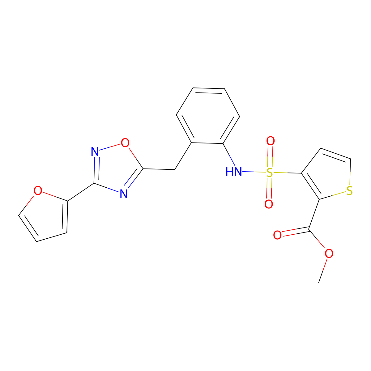 methyl 3-(N-(2-((3-(furan-2-yl)-1,2,4-oxadiazol-5-yl)methyl)phenyl)sulfamoyl)thiophene-2-carboxylate molecular structure, CAS 1797139-78-6