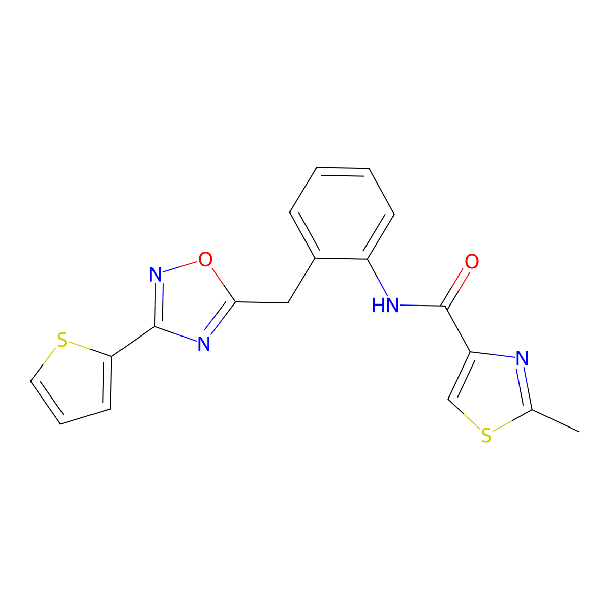 2-methyl-N-(2-((3-(thiophen-2-yl)-1,2,4-oxadiazol-5-yl)methyl)phenyl)thiazole-4-carboxamide molecular structure, CAS 1797139-83-3