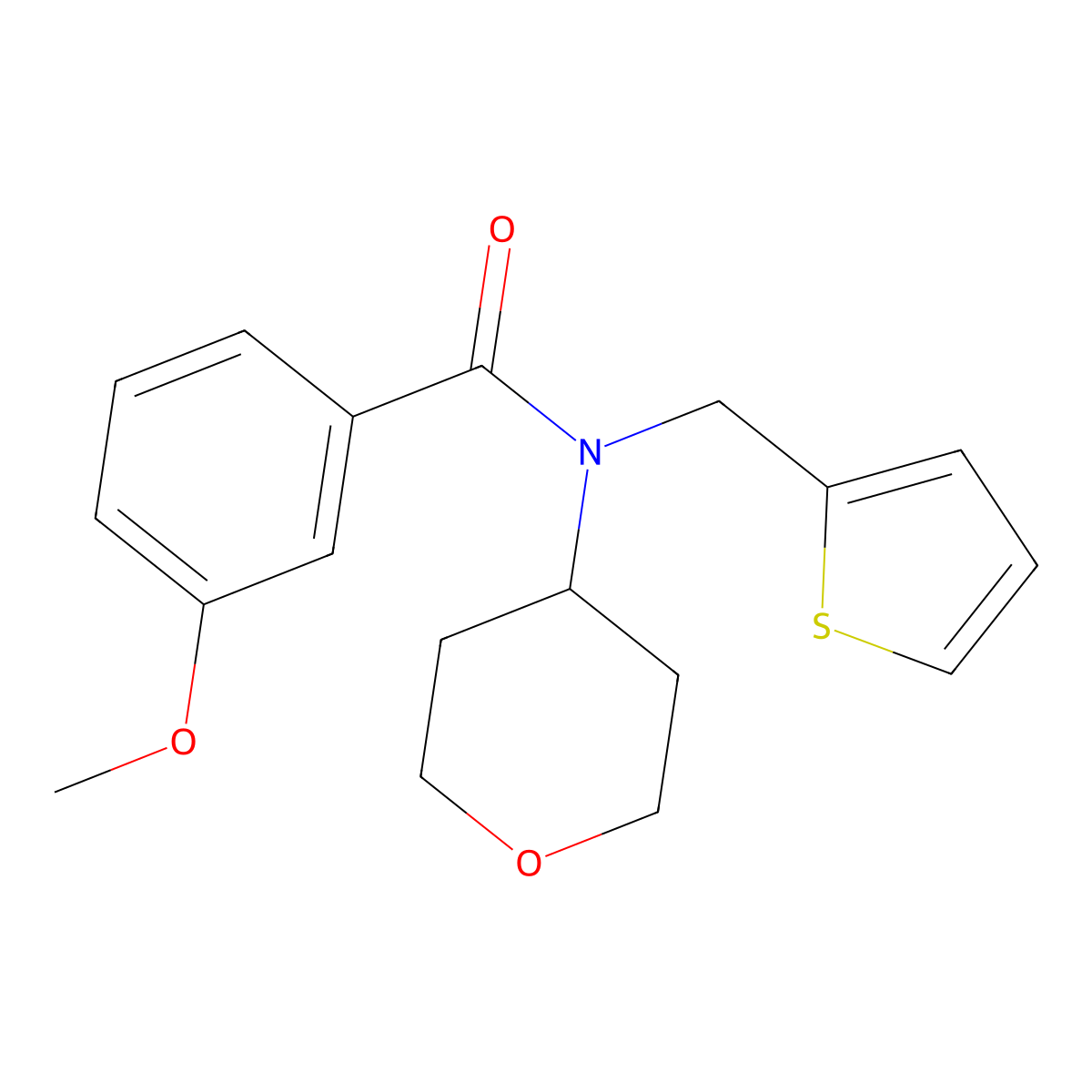3-methoxy-N-(tetrahydro-2H-pyran-4-yl)-N-(thiophen-2-ylmethyl)benzamide molecular structure, CAS 1797140-22-7