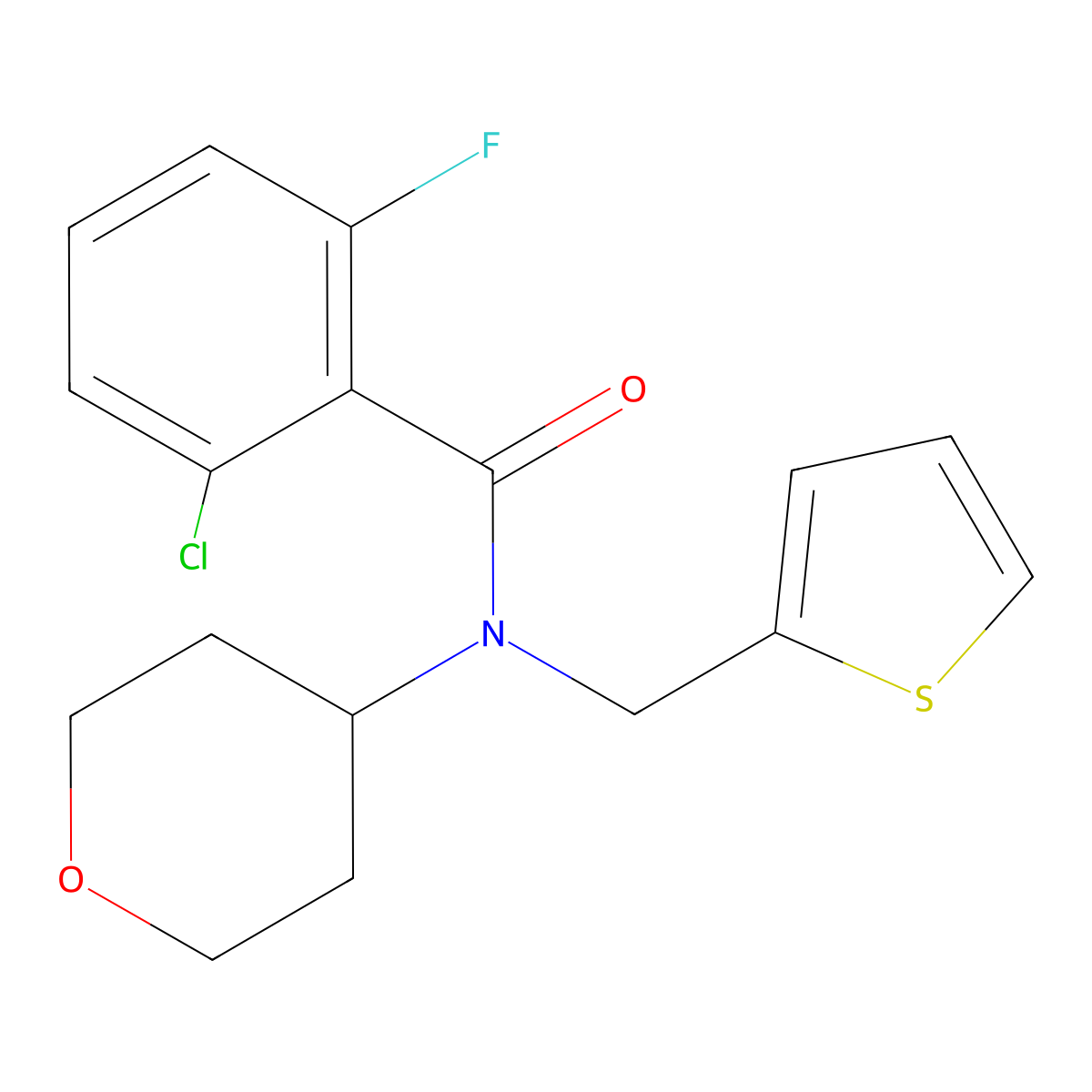 2-chloro-6-fluoro-N-(tetrahydro-2H-pyran-4-yl)-N-(thiophen-2-ylmethyl)benzamide molecular structure, CAS 1797140-30-7