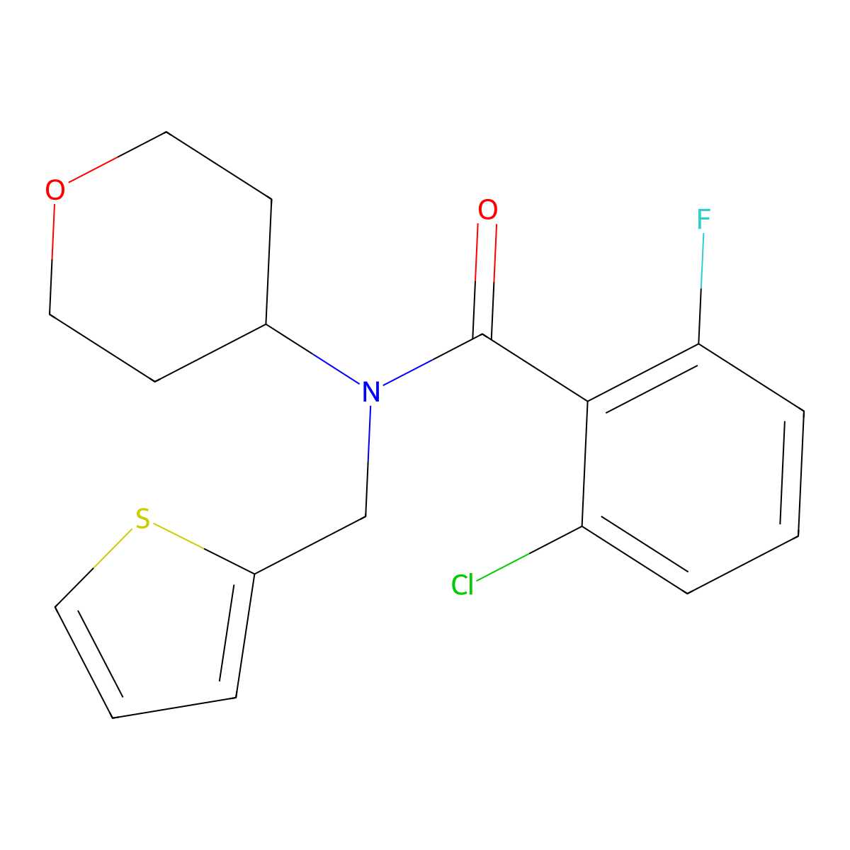 2-chloro-6-fluoro-N-(tetrahydro-2H-pyran-4-yl)-N-(thiophen-2-ylmethyl)benzamide molecular structure, CAS 1797140-30-7