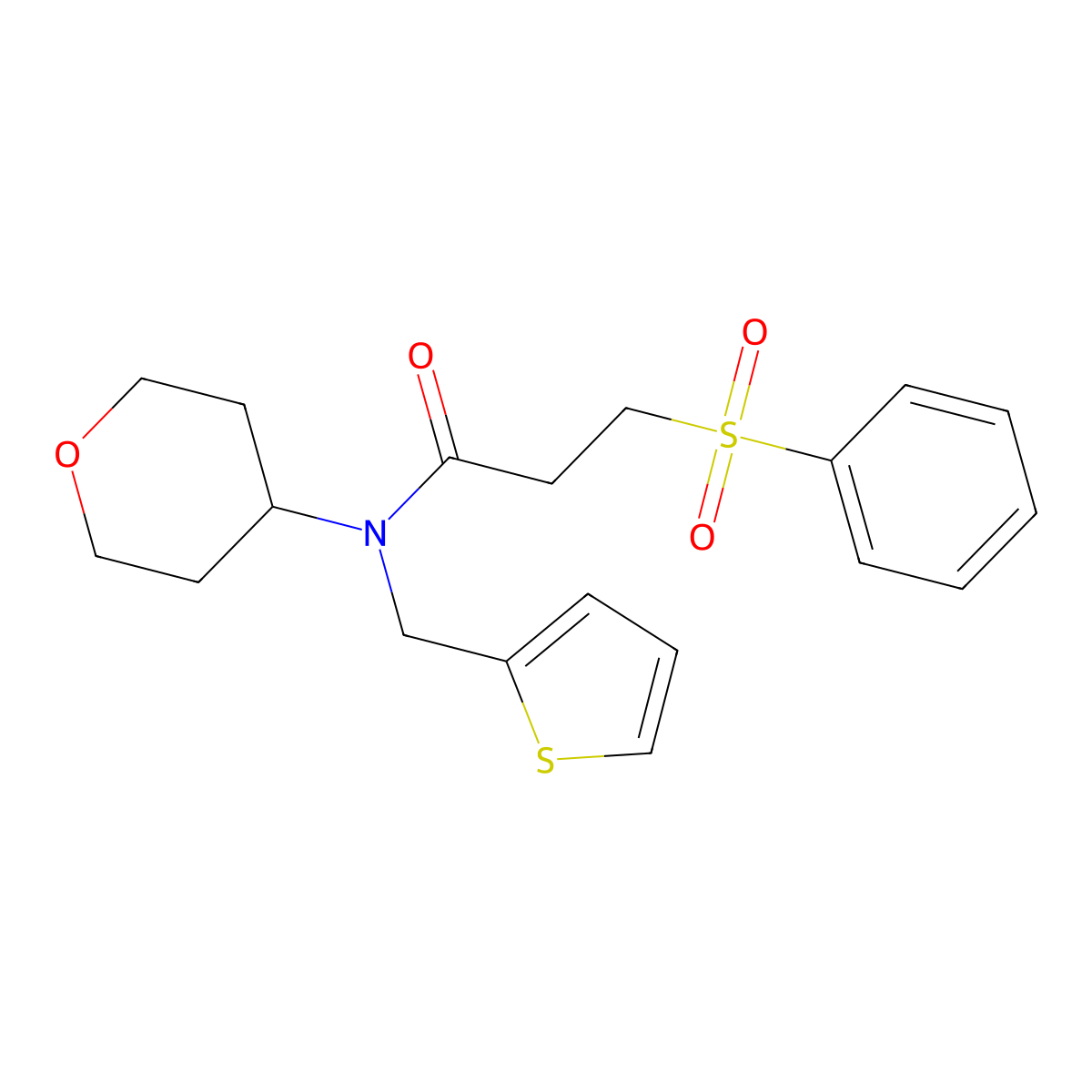 3-(phenylsulfonyl)-N-(tetrahydro-2H-pyran-4-yl)-N-(thiophen-2-ylmethyl)propanamide molecular structure, CAS 1797140-43-2