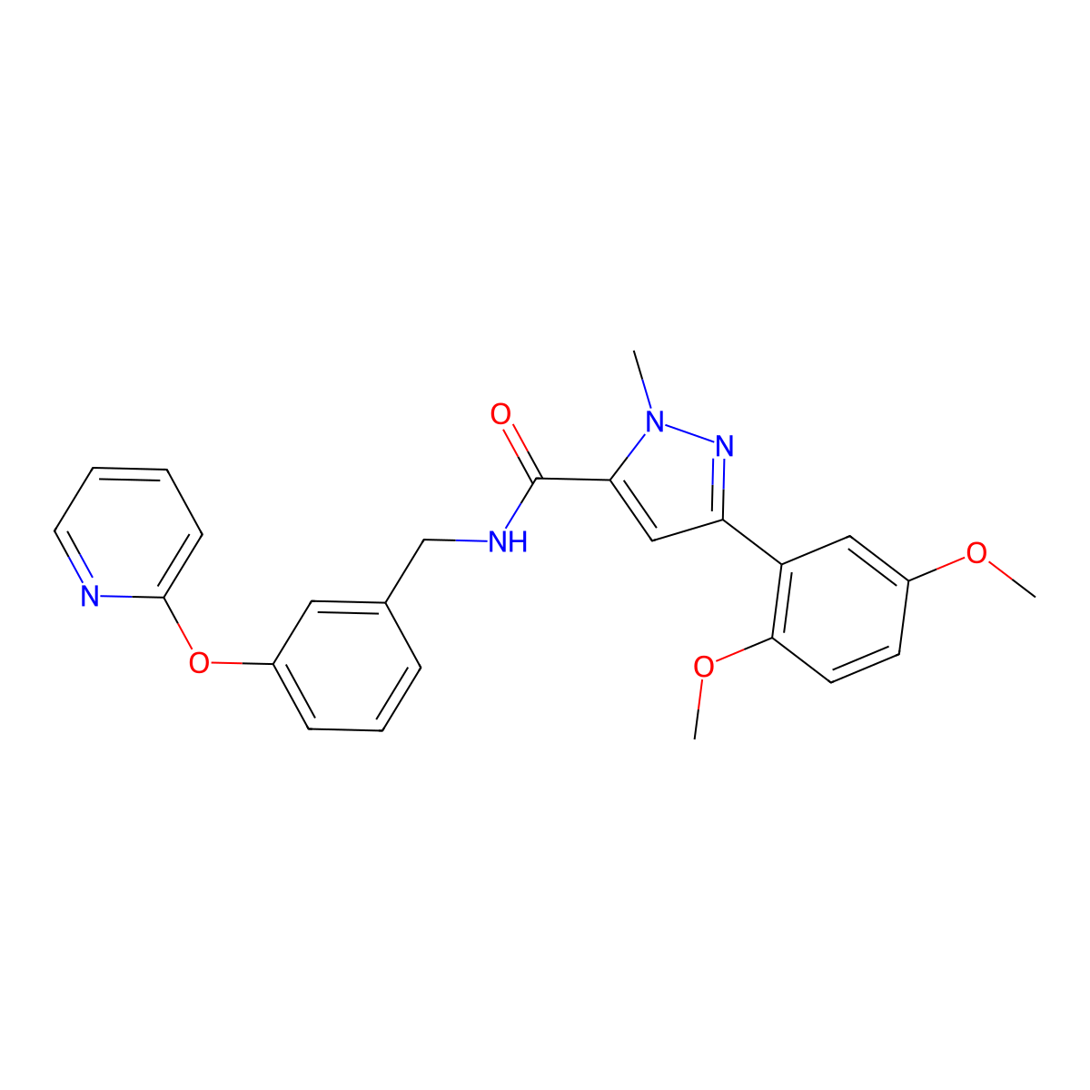 3-(2,5-dimethoxyphenyl)-1-methyl-N-(3-(pyridin-2-yloxy)benzyl)-1H-pyrazole-5-carboxamide molecular structure, CAS 1797140-44-3