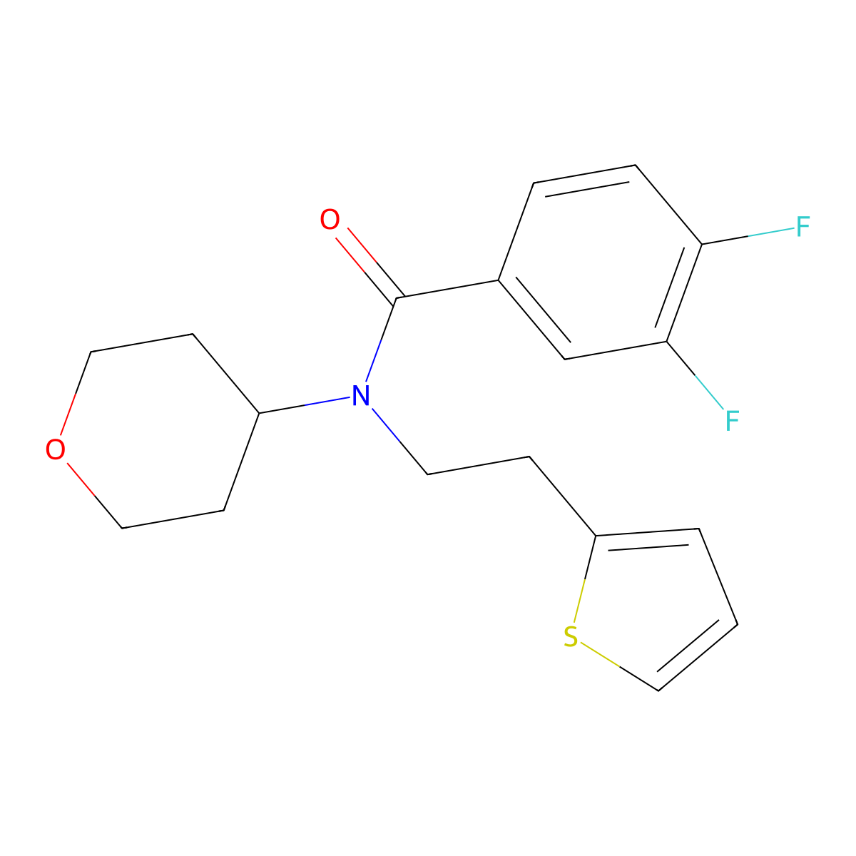 3,4-difluoro-N-(tetrahydro-2H-pyran-4-yl)-N-(2-(thiophen-2-yl)ethyl)benzamide molecular structure, CAS 1797140-48-7