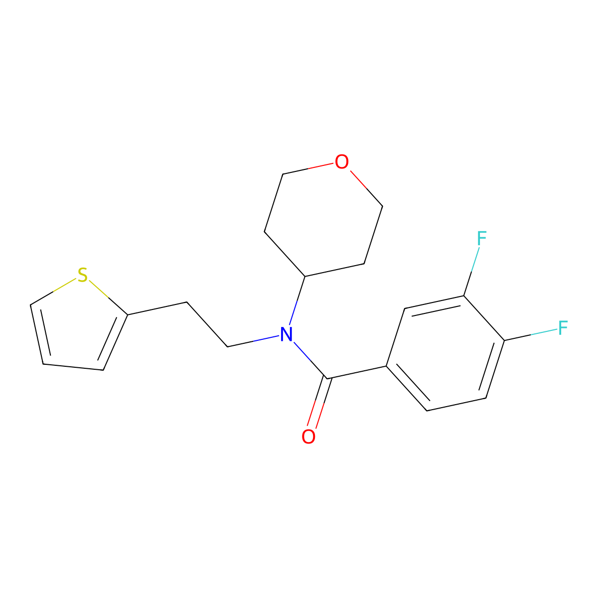 3,4-difluoro-N-(tetrahydro-2H-pyran-4-yl)-N-(2-(thiophen-2-yl)ethyl)benzamide molecular structure, CAS 1797140-48-7