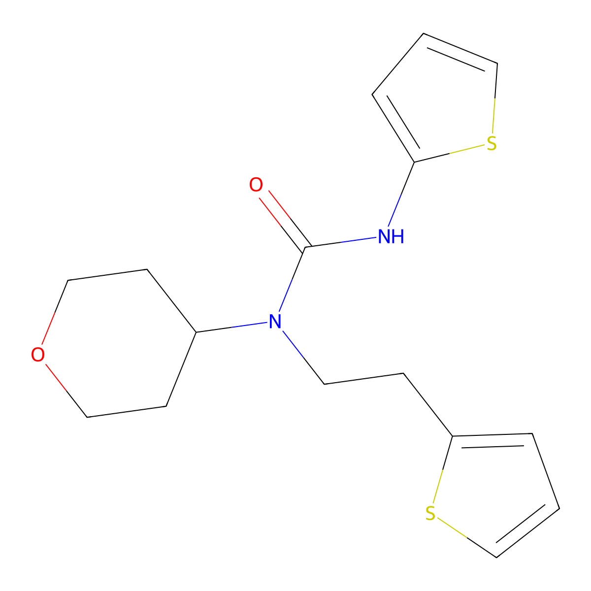 1-(tetrahydro-2H-pyran-4-yl)-3-(thiophen-2-yl)-1-(2-(thiophen-2-yl)ethyl)urea molecular structure, CAS 1797140-50-1