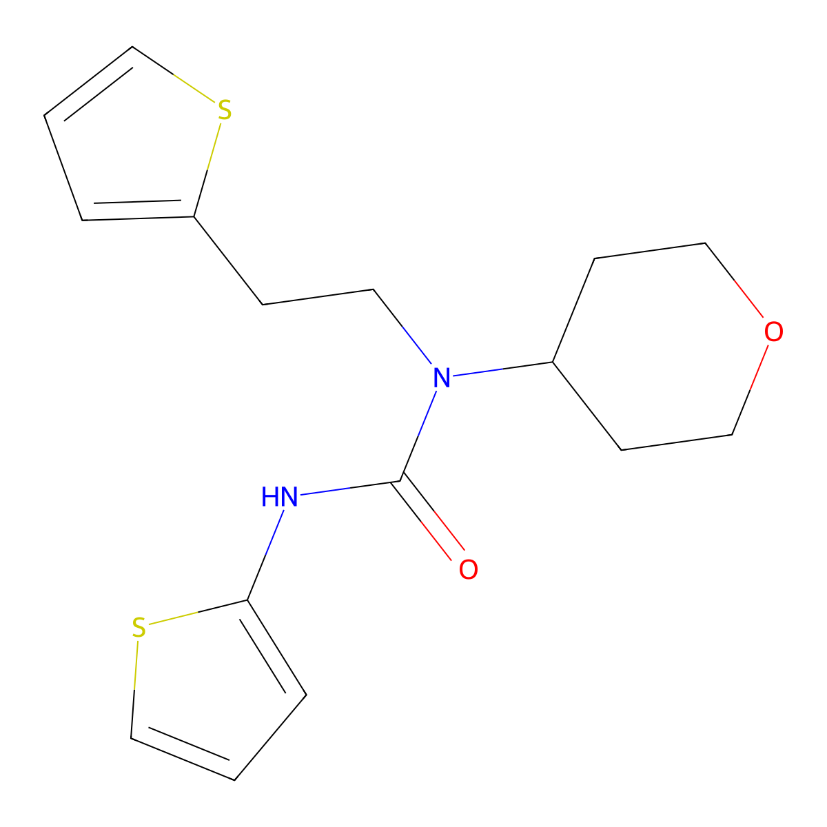 1-(tetrahydro-2H-pyran-4-yl)-3-(thiophen-2-yl)-1-(2-(thiophen-2-yl)ethyl)urea molecular structure, CAS 1797140-50-1