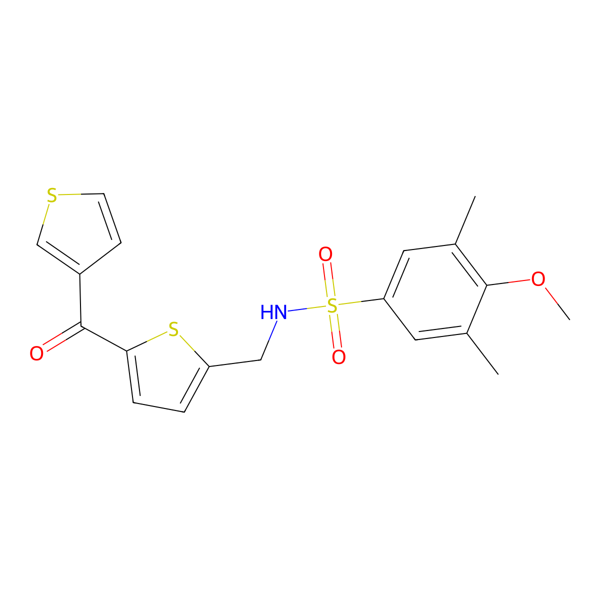 4-methoxy-3,5-dimethyl-N-((5-(thiophene-3-carbonyl)thiophen-2-yl)methyl)benzenesulfonamide molecular structure, CAS 1797141-49-1
