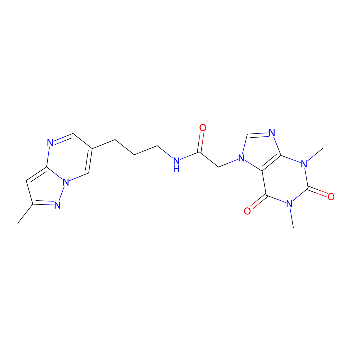 2-(1,3-Dimethyl-2,6-dioxopurin-7-yl)-N-[3-(2-methylpyrazolo[1,5-a]pyrimidin-6-yl)propyl]acetamide molecular structure, CAS 1797142-27-8