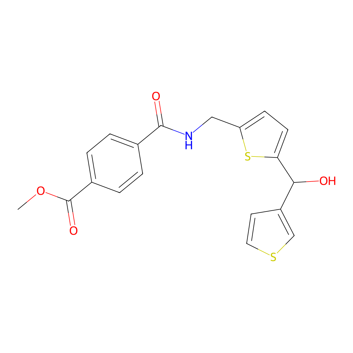 Methyl 4-[({5-[hydroxy(thiophen-3-yl)methyl]thiophen-2-yl}methyl)carbamoyl]benzoate molecular structure, CAS 1797142-67-6