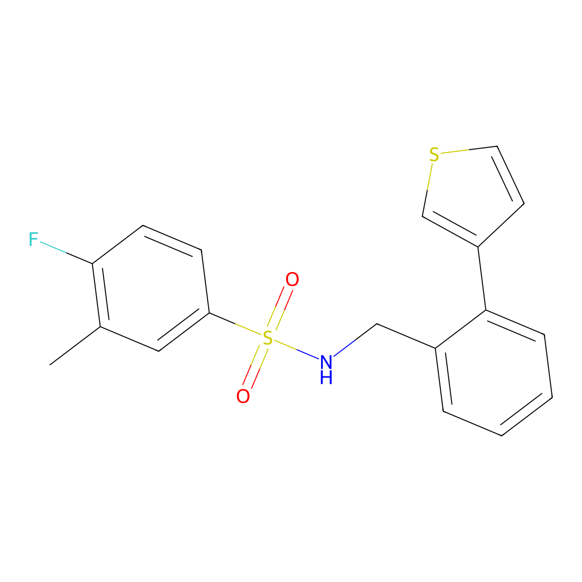 4-fluoro-3-methyl-N-(2-(thiophen-3-yl)benzyl)benzenesulfonamide molecular structure, CAS 1797143-64-6