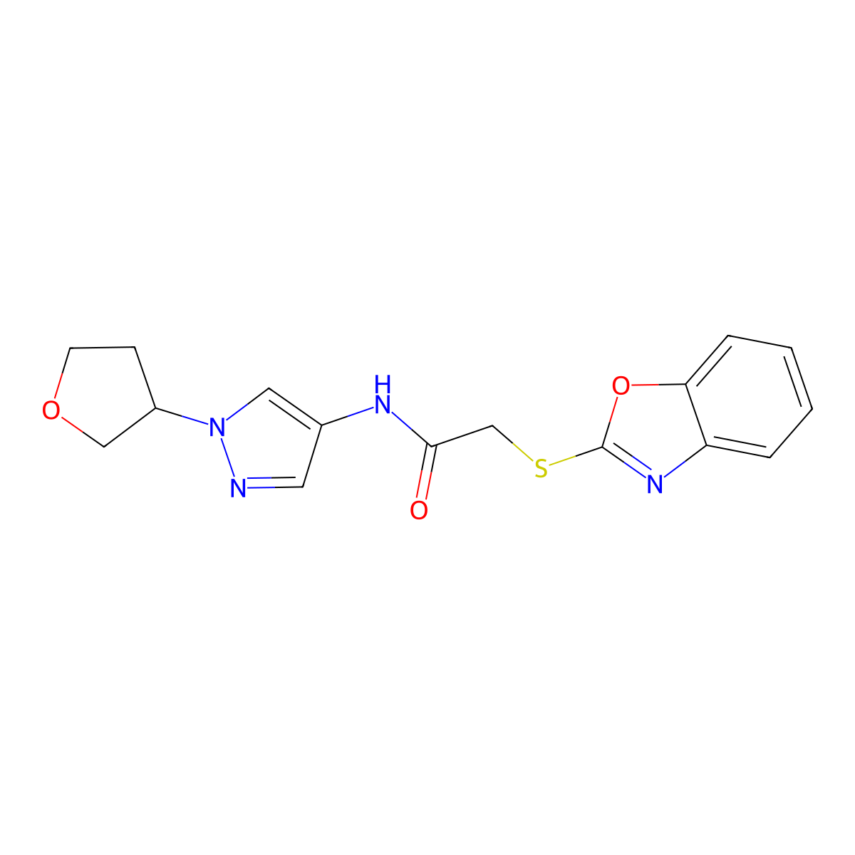 2-(benzo[d]oxazol-2-ylthio)-N-(1-(tetrahydrofuran-3-yl)-1H-pyrazol-4-yl)acetamide molecular structure, CAS 1797145-84-6