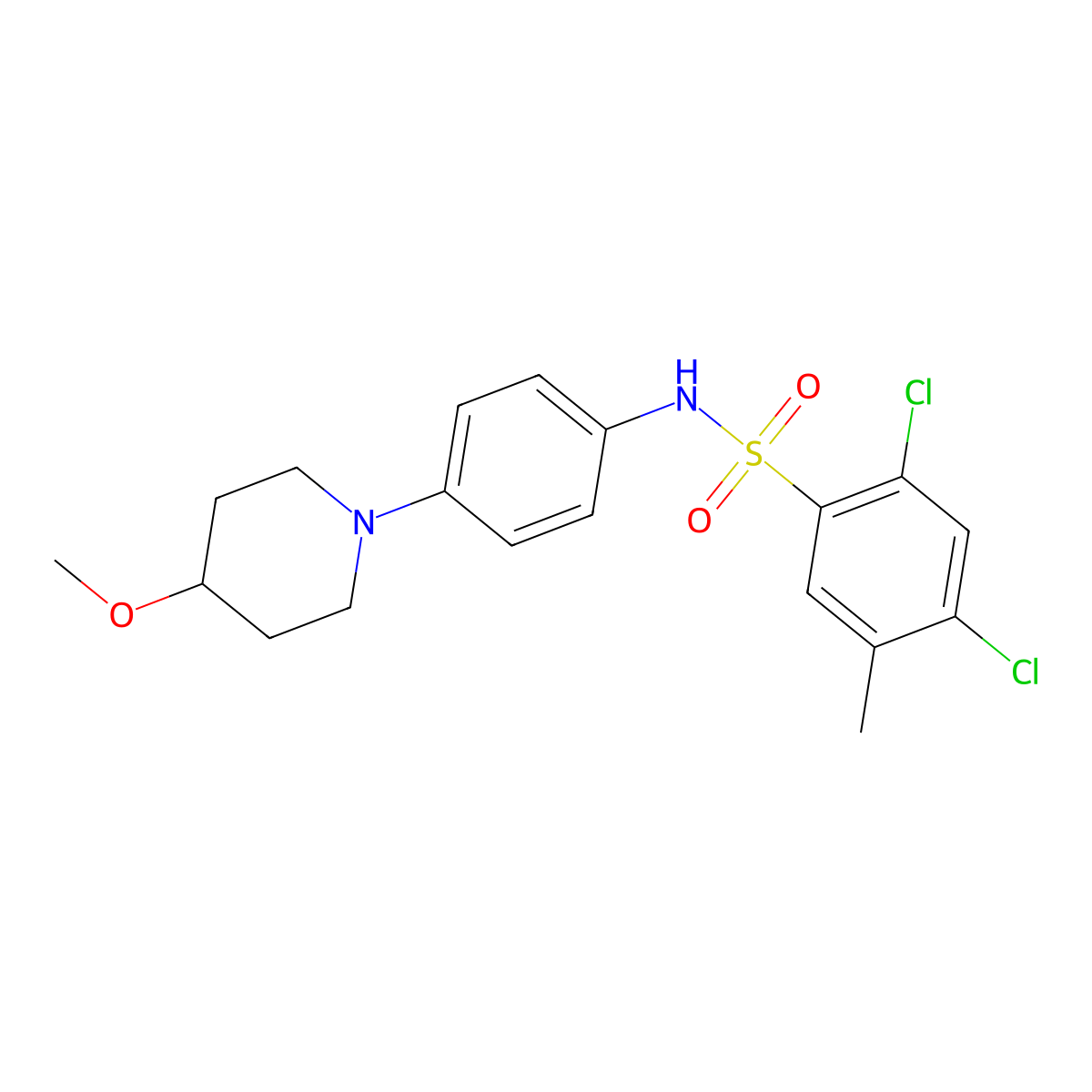 2,4-dichloro-N-(4-(4-methoxypiperidin-1-yl)phenyl)-5-methylbenzenesulfonamide molecular structure, CAS 1797146-49-6