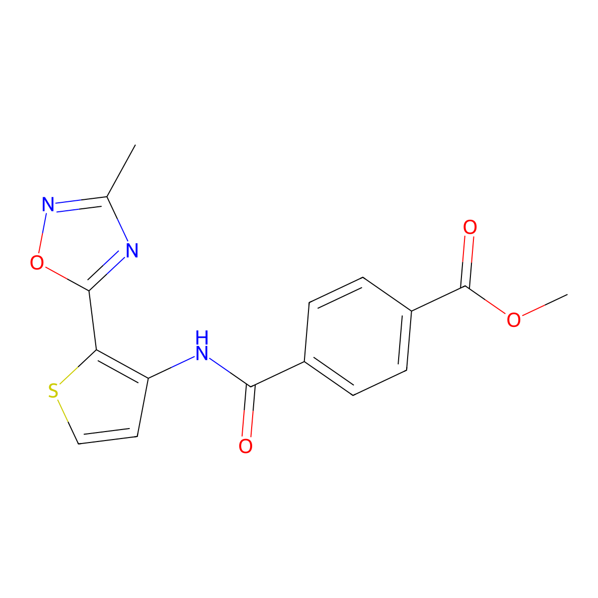 Methyl 4-((2-(3-methyl-1,2,4-oxadiazol-5-yl)thiophen-3-yl)carbamoyl)benzoate molecular structure, CAS 1797147-65-9