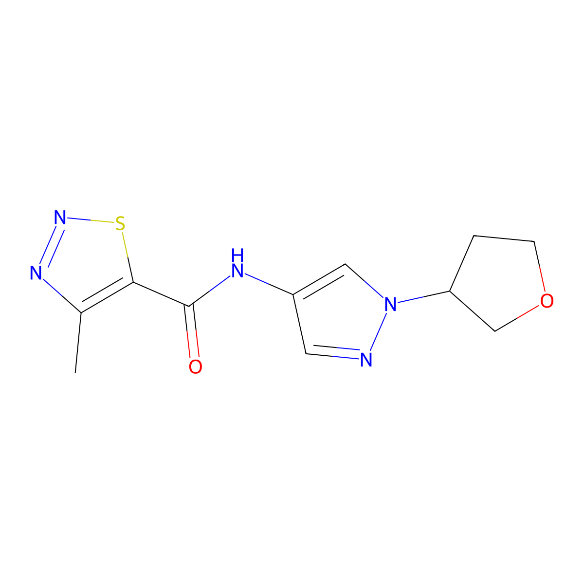 4-methyl-N-(1-(tetrahydrofuran-3-yl)-1H-pyrazol-4-yl)-1,2,3-thiadiazole-5-carboxamide molecular structure, CAS 1797158-50-9