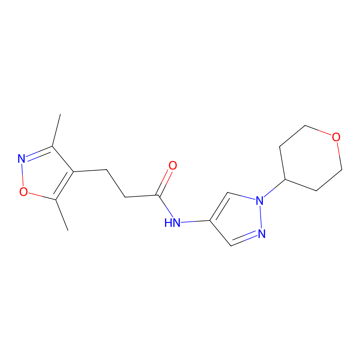 3-(3,5-dimethylisoxazol-4-yl)-N-(1-(tetrahydro-2H-pyran-4-yl)-1H-pyrazol-4-yl)propanamide molecular structure, CAS 1797158-94-1