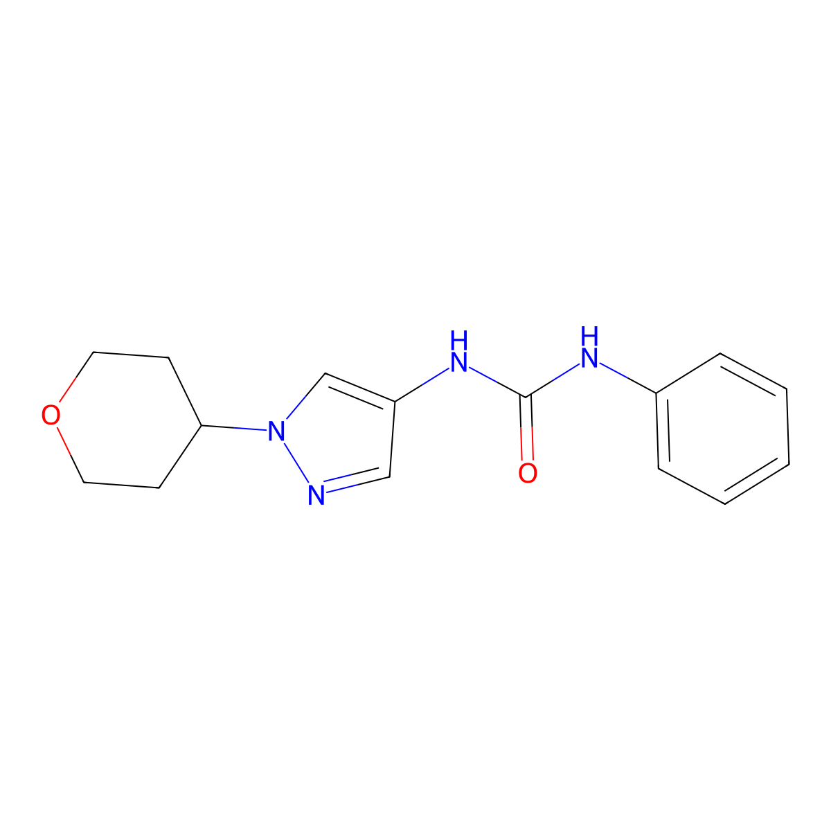 1-phenyl-3-(1-(tetrahydro-2H-pyran-4-yl)-1H-pyrazol-4-yl)urea molecular structure, CAS 1797159-09-1