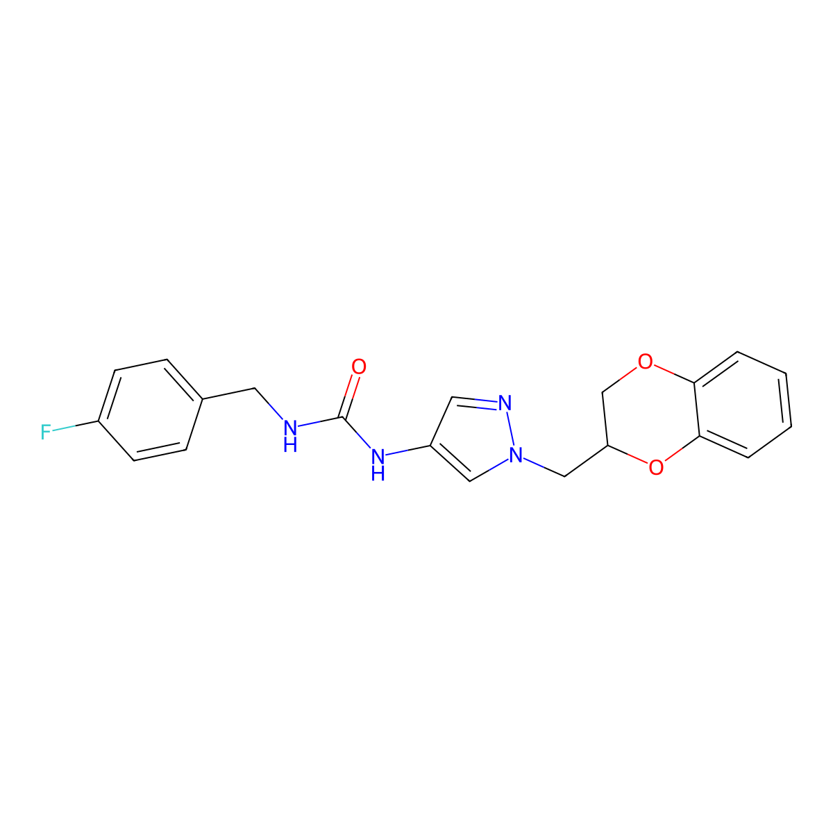 1-(1-((2,3-dihydrobenzo[b][1,4]dioxin-2-yl)methyl)-1H-pyrazol-4-yl)-3-(4-fluorobenzyl)urea molecular structure, CAS 1797159-44-4